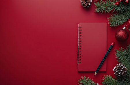 A red spiral notebook and pencil are placed on a vibrant red surface. Surrounding the notebook are pine branches, holly, and decorative ornaments, creating a cheerful holiday atmosphere.の素材