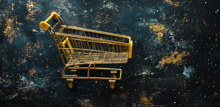 A golden shopping cart sits against a dark starry backdrop. The whimsical setting suggests a blend of shopping and imagination, evoking feelings of wonder and retail exploration.の素材