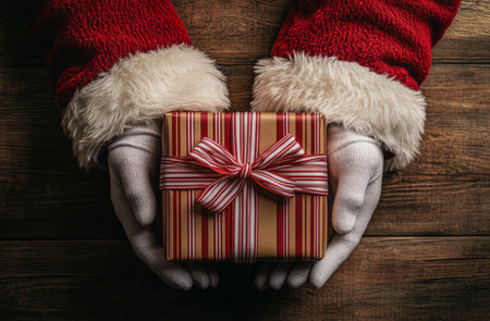 Santa Claus presents a beautifully wrapped gift with a red and white bow, showing the holiday spirit in a cozy, festive setting filled with joy and anticipation.の素材
