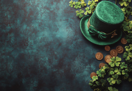 A finely crafted green hat with a bow sits next to shiny gold coins. The features composition a pastel background, creating an inviting atmosphere perfect for festive events and celebrations.の素材