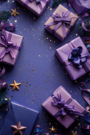 Decorative purple gifts with matching ribbons are artfully arranged on a dark surface adorned with gold stars and playful ribbons, creating a festive atmosphere for celebrations.の素材