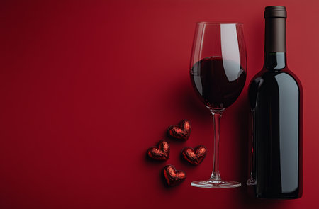 A bottle of rich red wine stands next to a filled glass on a red background. Surrounding them are heart shaped chocolates, creating a romantic atmosphere for a special occasion.の素材