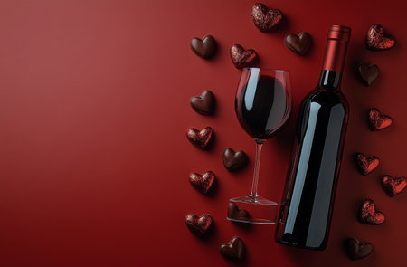 A bottle of rich red wine stands next to a filled glass on a red background. Surrounding them are heart shaped chocolates, creating a romantic atmosphere for a special occasion.の素材