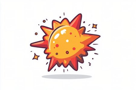 A colorful cartoon sun radiates joy with its bright yellow center and vivid orange rays. The design captures a playful, whimsical vibe, perfect for childrens themes or cheerful graphics.の素材