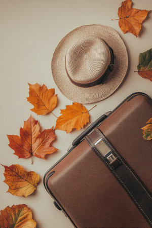 A travel suitcase and a straw hat are placed on a flat surface, surrounded by vibrant autumn leaves in various shades of brown and orange, creating a cozy seasonal atmosphere.の素材
