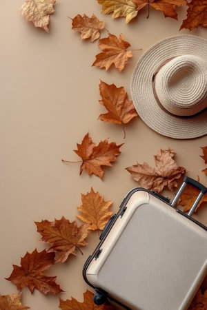 A travel suitcase and a straw hat are placed on a flat surface, surrounded by vibrant autumn leaves in various shades of brown and orange, creating a cozy seasonal atmosphere.の素材