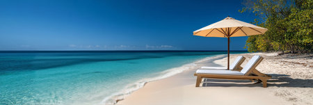 Two wooden lounge chairs sit under a large umbrella on a sandy beach, facing the turquoise water under a bright blue sky with fluffy clouds.の素材