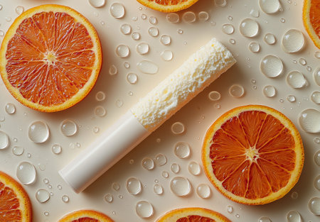 Slices of vibrant oranges surround a creamy stick on a light surface, adorned with glistening water droplets reflecting daylight, creating a fresh and appetizing display.の素材