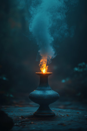 A brass lamp burns brightly, producing swirling flames and smoke in a magical atmosphere at twilight. The intricate details of the lamp shine as it captivates the surrounding environment.の素材