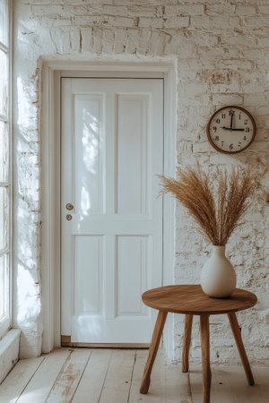 A cozy living area features a white door with a wooden clock above it. A round wooden clock and a vase of dried grasses enhance the inviting atmosphere.の素材