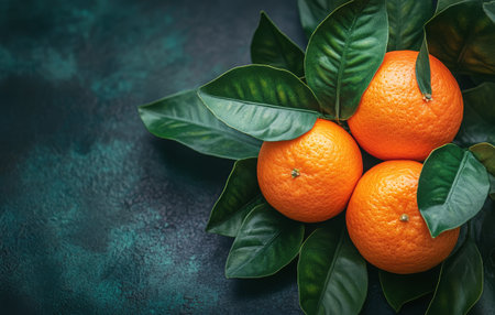 Two vibrant oranges sit next to each other, adorned with fresh droplets of water and surrounded by glossy green leaves, creating a refreshing and inviting display.の素材