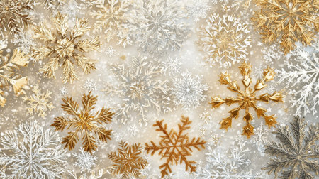 Various ornate snowflakes in shades of gold, silver, and white are scattered across a soft cream backdrop, perfect for winter themed decorations and festive gatherings.の素材