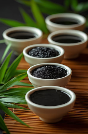 Small bowls contain different types of natural ingredients, including black paste and colorful salts, artfully displayed on a bamboo mat, creating an aesthetically pleasing arrangement.の素材