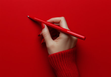 A person grips a red pen while wearing a cozy red sweater, preparing to write or draw on a bright red background, creating a striking monochromatic effect in the workspace.の素材