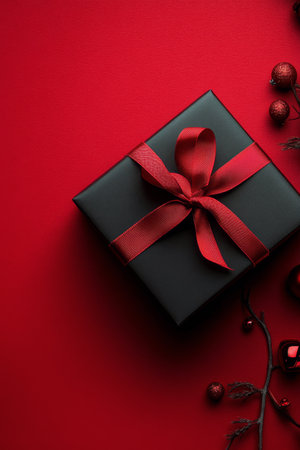 A beautifully wrapped black gift box adorned with a red ribbon sits on a striking red background. The festive setting hints at celebrations and special occasions.の素材
