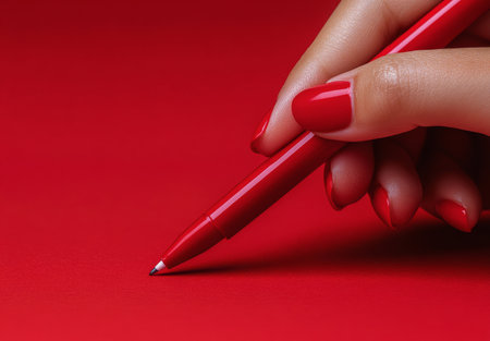A person grips a red pen while wearing a cozy red sweater, preparing to write or draw on a bright red background, creating a striking monochromatic effect in the workspace.の素材