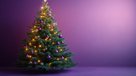 The Christmas tree shines brightly with multicolored lights and ornaments, surrounded by a serene snowy landscape under a starry night sky, creating a festive and magical atmosphere.の素材