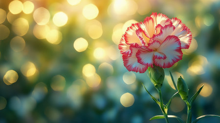 A striking red and white flower stands tall, glowing softly in the golden light of sunset, surrounded by a blurred green garden backdrop filled with warm bokeh effects.の素材