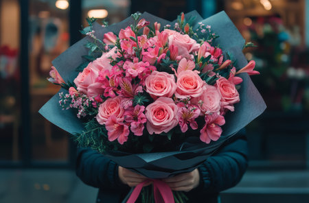 A person holds a stunning bouquet filled with various pink flowers like roses and carnations outside a lively flower shop. The atmosphere is vibrant, capturing the essence of a busy day.の素材