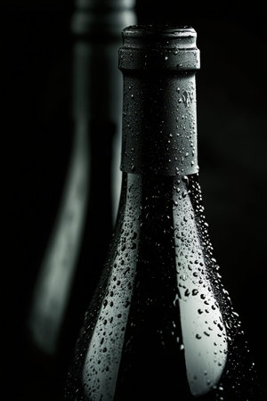 A collection of sleek black bottles featuring wooden corks stands elegantly in a dark setting, creating a sophisticated atmosphere. The arrangement highlights the unique design and color contrast.の素材