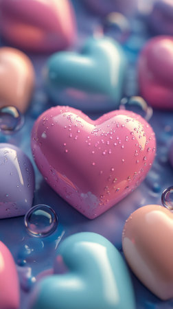 A variety of heart shaped items in soft pastels are scattered across a bright background, creating a joyful and vibrant atmosphere. The colors include pink, blue, and yellow.の素材
