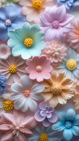 A variety of decorative flowers in pastel colors are arranged on a soft backdrop, showing intricate designs perfect for crafts or artistic displays, mixing shades of pink, blue, and yellow.の素材