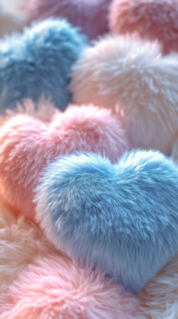 A collection of heart shaped fluffy decorations in soft pastel colors rests together on a gentle surface. The blue and pink hues create a warm and inviting atmosphere.の素材