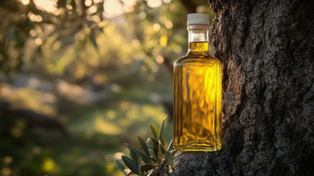 A clear bottle filled with golden olive oil is resting against the trunk of a mature olive tree. The sun sets, casting a warm glow over the surrounding lush greenery, highlighting the serenity.の素材