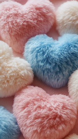 A collection of heart shaped fluffy decorations in soft pastel colors rests together on a gentle surface. The blue and pink hues create a warm and inviting atmosphere.の素材