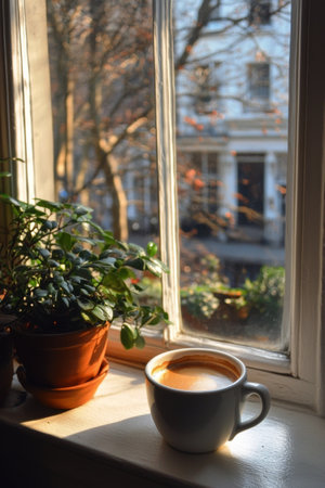 A white cup filled with coffee rests on a windowsill, illuminated by gentle morning sunlight. The view outside features a blurred green background, creating a serene atmosphere.の素材