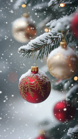 Snow falls gently on a Christmas tree decorated with colorful ornaments, creating a festive atmosphere during winter. The background features soft, glowing lights and a serene snowy landscape.の素材
