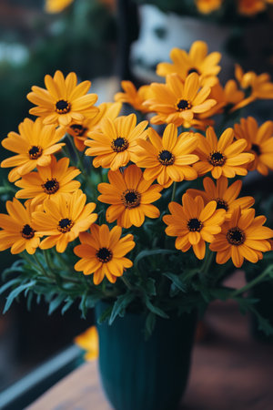 A cluster of vibrant orange and yellow dahlias fills the garden, showing their full blooms against green foliage. The flowers thrive in the warm, late summer sun, creating a colorful display.の素材