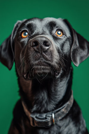 A black dog with shiny fur is captured in profile, looking upward with an attentive expression. The vivid green backdrop enhances its features, creating a striking contrast.の素材