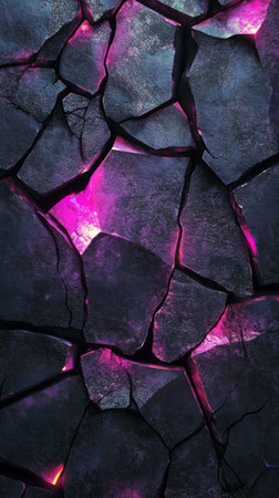 The surface features deep cracks revealing a soft purple glow emanating from within. Shadows surround the fragmented texture, creating a mysterious atmosphere in low light.の素材