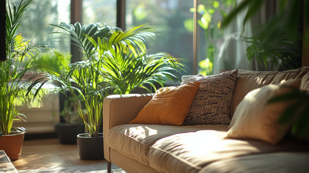 The living room features a comfortable couch adorned with decorative pillows, surrounded by vibrant indoor plants. Sunlight filters in, creating a warm and inviting atmosphere in the afternoon.の素材