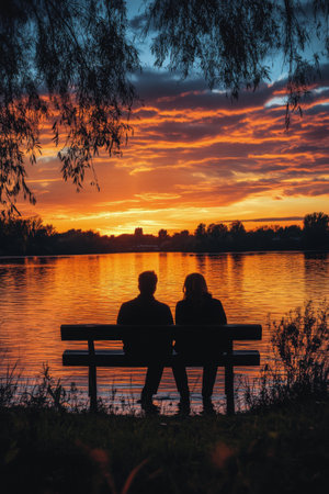 A couple sits closely together on a bench, watching a beautiful sunset in a serene park. The warm colors of the sky create a romantic atmosphere as the day comes to an end.の素材