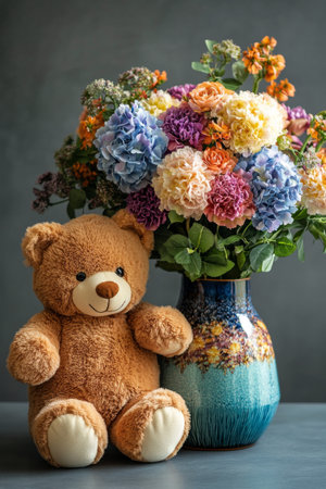 A soft teddy bear sits contently on the floor next to a colorful vase filled with fresh flowers, creating a warm and inviting atmosphere in a cozy living room setting.の素材