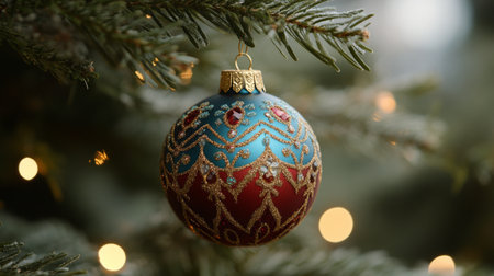 A beautifully crafted ornament in red and blue hangs from a pine tree branch, surrounded by gently glowing lights. The festive decoration adds a warm atmosphere to the holiday setting.の素材