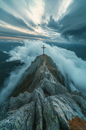 A rocky mountain peak is crowned with a large cross, enveloped in swirling clouds under a moody sky. The early morning light adds drama to the breathtaking landscape.の素材
