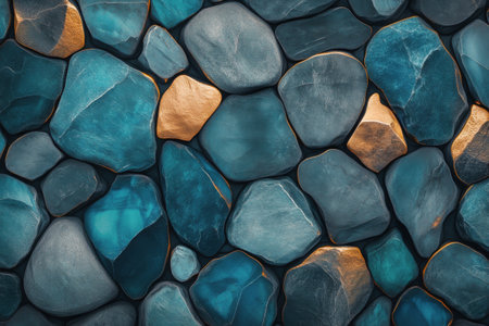 A vibrant assortment of various blue stones with golden accents is thoughtfully arranged on a shadowy surface, highlighting their unique textures and colors in beautiful contrast.の素材