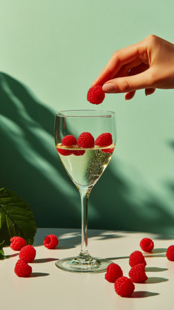A hand delicately adds a raspberry to a tall glass filled with a sparkling beverage. Surrounding the glass are scattered raspberries, set against a vivid green backdrop.の素材