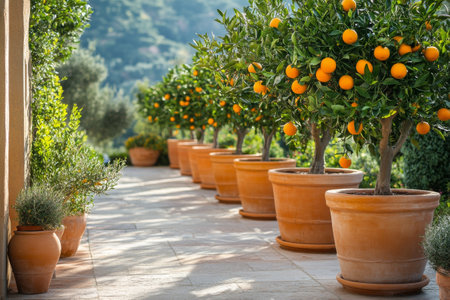 A serene pathway is lined with vibrant orange trees in terracotta pots, basking in sunlight. The garden features lush greenery and a distant view of rolling hills, creating a tranquil atmosphere.の素材