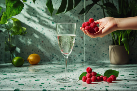 A hand is reaching down to drop fresh raspberries into a clear glass placed on a textured countertop. Surrounding plants and a lemon add to the vibrant kitchen setting.の素材