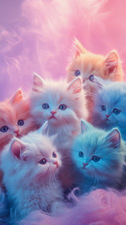 A delightful arrangement of fluffy kittens with soft fur in various pastel shades observes bubbles floating above them. Their wide eyes reflect curiosity and innocence in a gentle atmosphere.の素材
