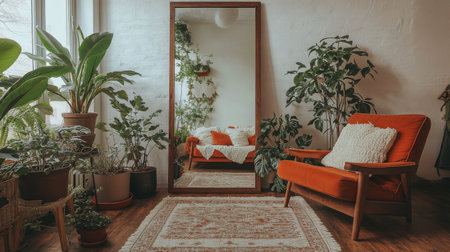 The inviting living area features a large mirror reflecting a cozy sofa and potted plants. Natural light creates a warm atmosphere, enhancing the homes vibrant decor and comfortable feel.の素材