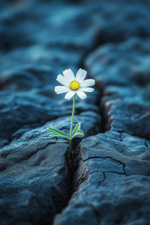 A single pink flower breaks through the hard surface of cracked asphalt, symbolizing resilience and beauty amidst adversity in a sunny outdoor setting.の素材