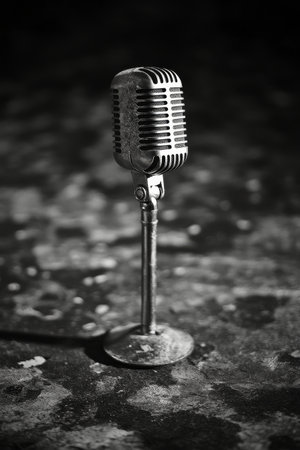 A microphone stands upright on a textured surface, highlighting its detailed mesh head. The setting is a warm toned environment, likely during a live event or performance.の素材