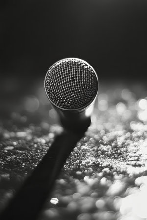 A microphone stands upright on a textured surface, highlighting its detailed mesh head. The setting is a warm toned environment, likely during a live event or performance.の素材