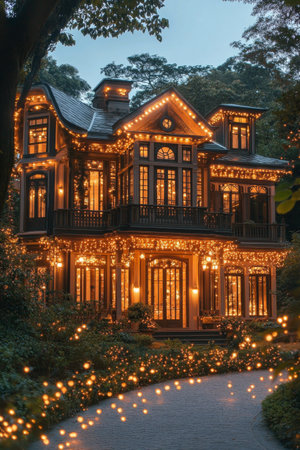 A luxurious mansion stands majestically, adorned with sparkling lights that illuminate its architectural details. Surrounding the home, snow blankets the ground, and trees sparkle with festive decor.の素材