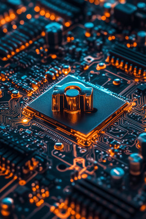 A golden padlock sits on a microchip board in a tech facility, symbolizing the vital role of digital security in our innovation driven world.の素材
